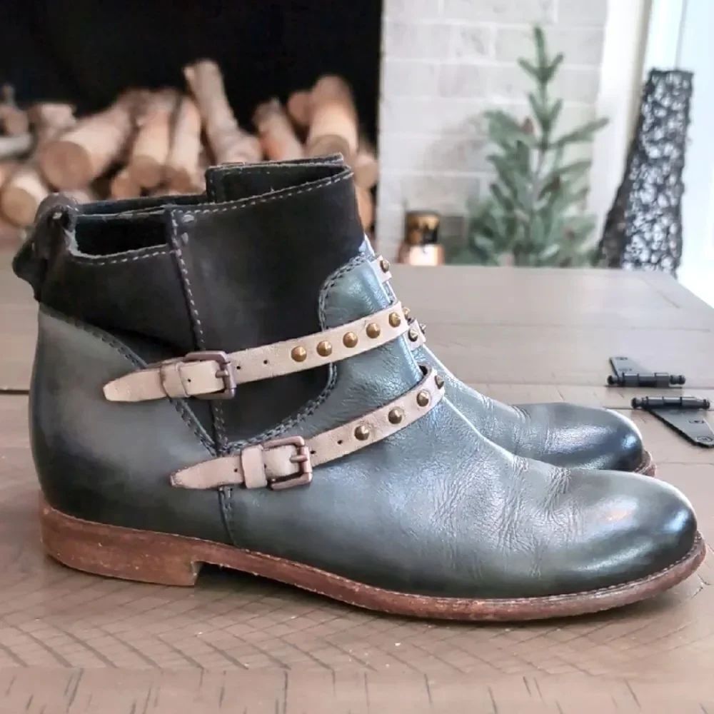 Alberto Fermani Emma Gray Studded Belted Leather Ankle Boots Sz 37.5